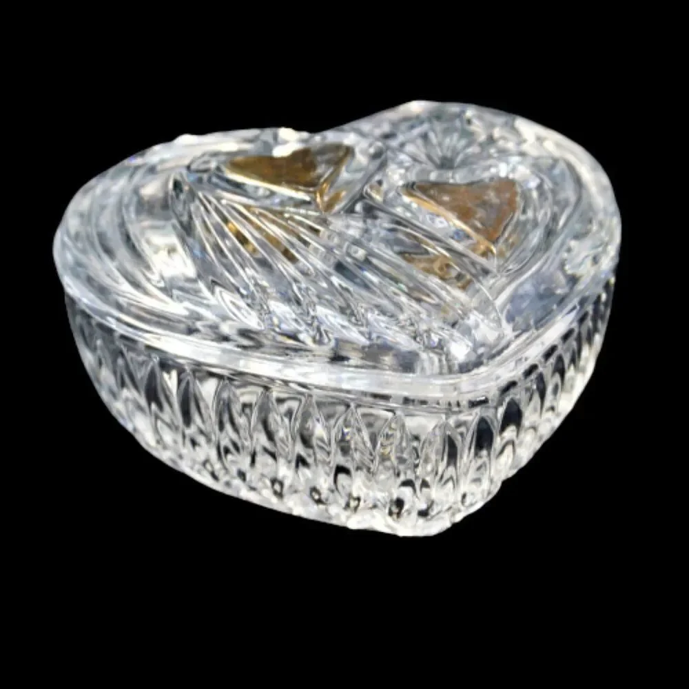 Vintage Trinket Dish Heart Shaped Starburst Crystal Cut Glass Jewelry Box